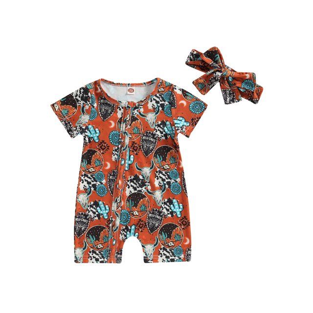 xiaxaixu Barboteuse Bébé Filles Garçons Imprimé Tête de Vache Manches Courtes Col Rond Combinaisons Été Justaucorps avec Bandeau