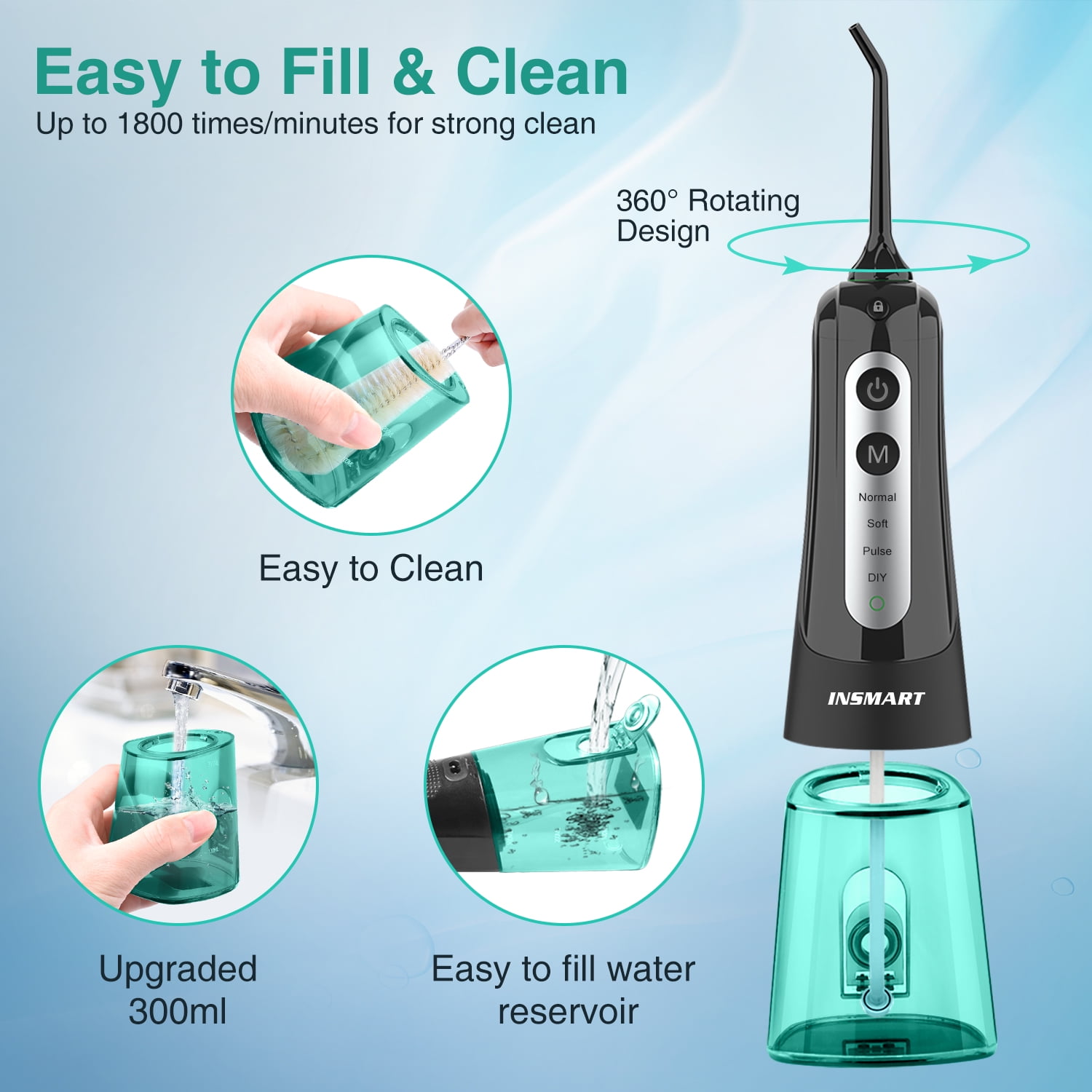 INSMART 300ML Cordless Water Flosser Dental Teeth Cleaner，Portable Oral Irrigator, Electric Flossing Cleaner(6 Jet）