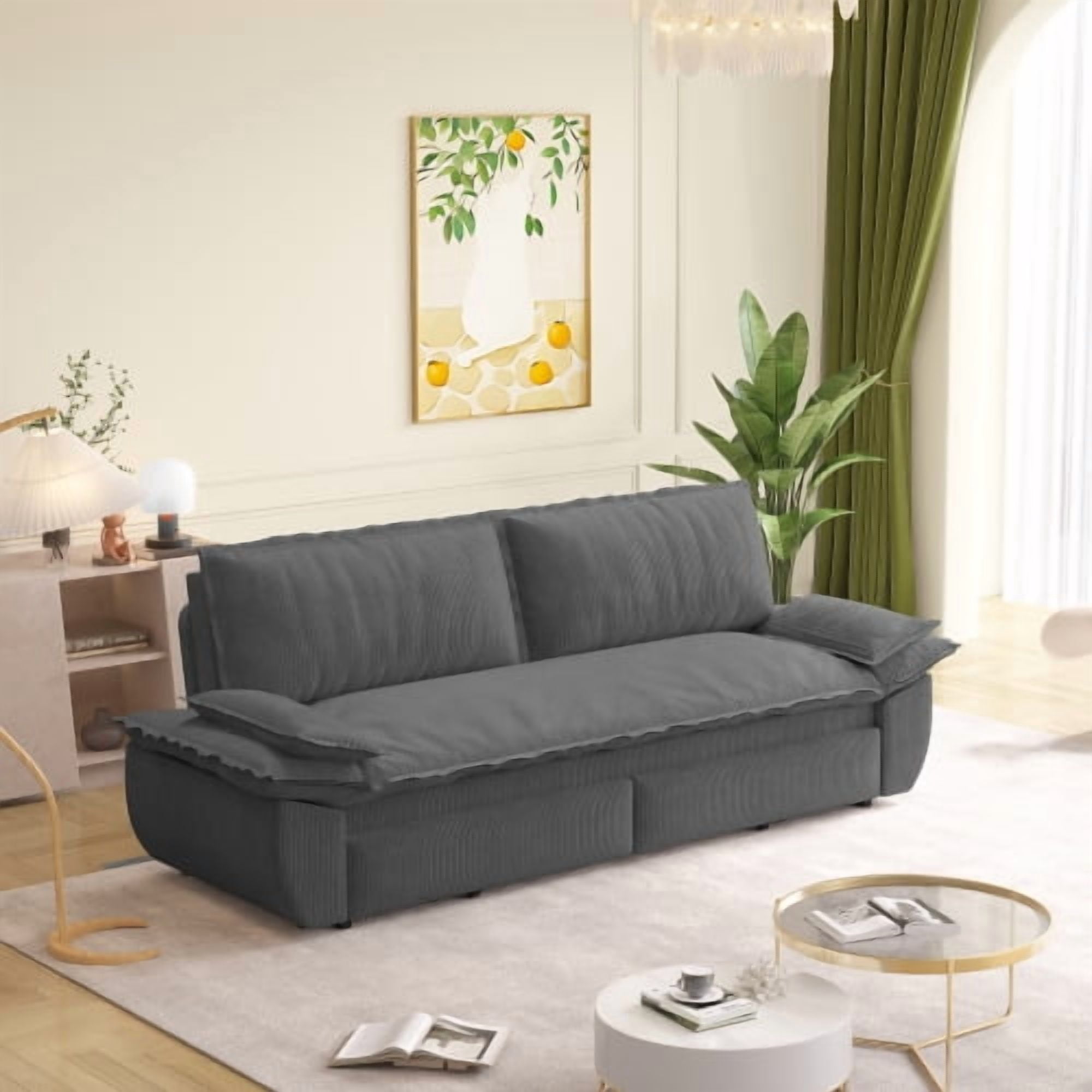 73.2" Queen Pull Out Sofa Bed, 3-in-1 Convertible Sleeper Sofa, Multi-Functional Corduroy Loveseat Couch with Pull-Out Bed, Grey
