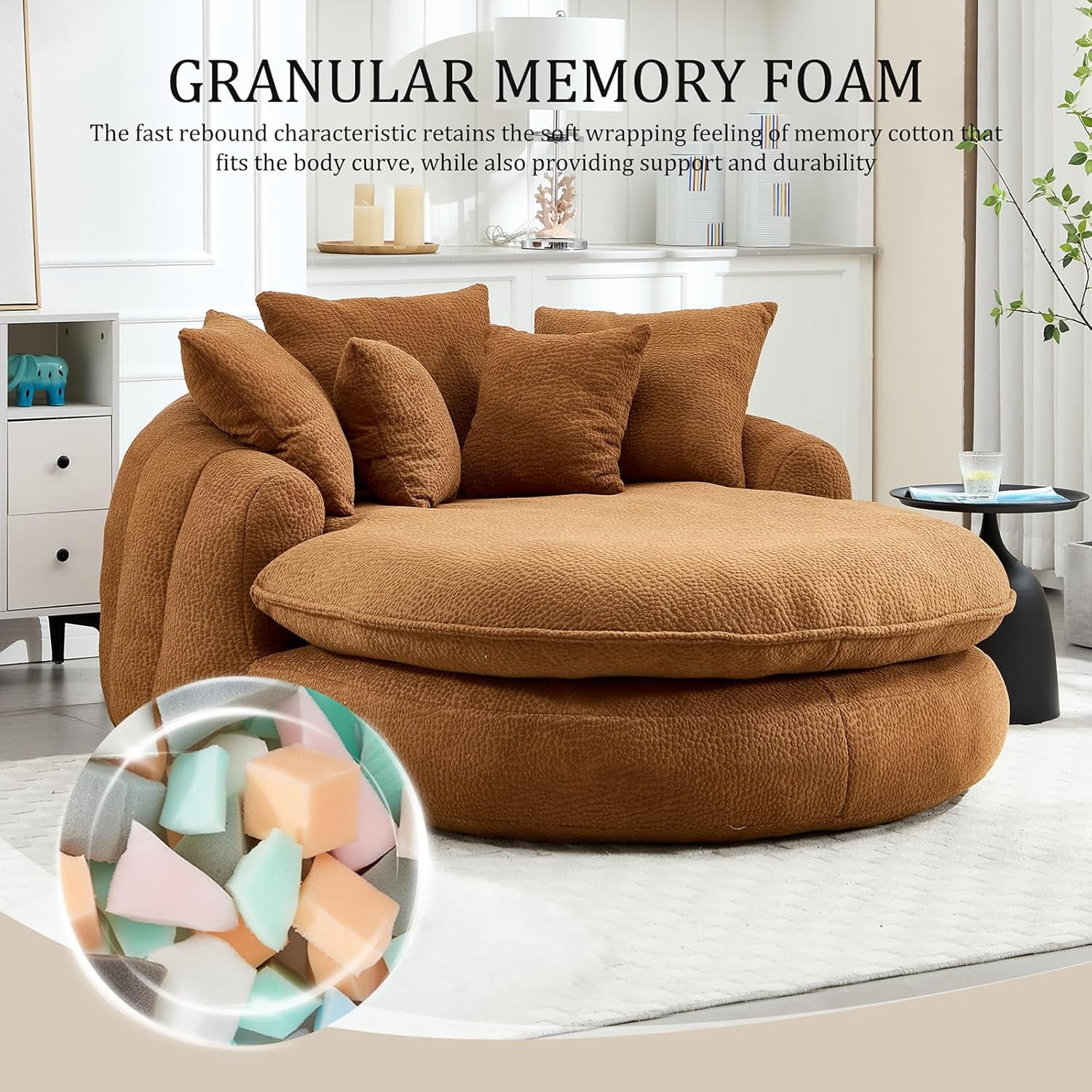 AENKYO Oversized Chenille Bean Bag Sofa with 5 Pillows, Oval Lazy Floor Sofa with Wraparound Backrest for Adults-Brown