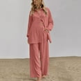 thumbnail image 3 of Qeaghou Women's Two Piece Outfits Long Sleeve Button Down Shirt With Pleated Pants 2 Piece Sets Summer Flowy Plus Size Cotton Linen Lounge Outfits, 3 of 7