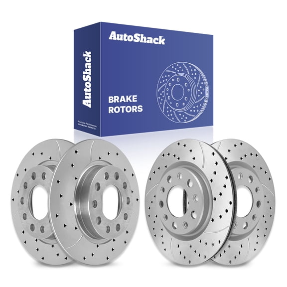 AutoShack Front Vented & Rear Solid Drilled & Slotted Coated Brake Rotors Silver Matte Finish 4-PC Set Replacement for 2013-2016 Dodge Dart TurboGuard