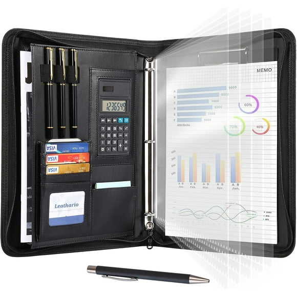 MISSUNNY Portfolio, Vegan Leather 3-Ring Zipper Binder, Includes 5 Clear Sheet Protectors and a Pen, Multi-Pocket Leather A4 Padfolio Folder for Tablets, Files and Business Documents, Office Supplies