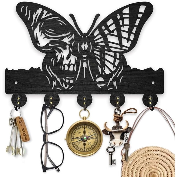 Gancho de madera con forma de mariposa para llaves, perchero para pared, 30 x 19 cm, color negro, con 5 ganchos de aleación.