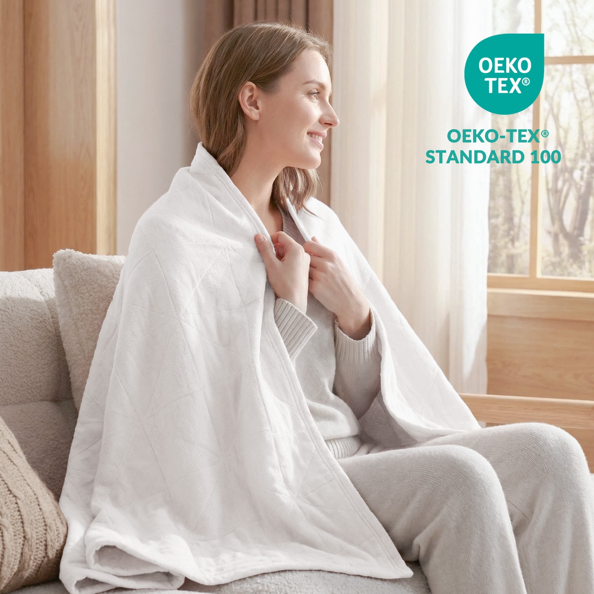 Exclusivo Mezcla 100% Cotton 4 Layers Muslin Throw Blanket for Couch, Moisture-wicking and Breathable Gauze Blanket with Geometric Pattern for Year Round Comfort, 50"x60", Pure White
