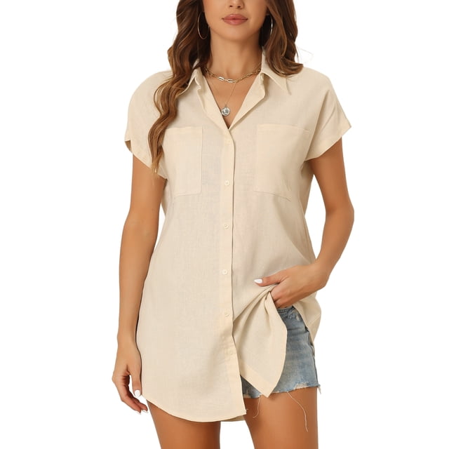 Camisa de botón INSPIRE CHIC para mujeres, casual de oficina, cuello en V, con bolsillos, blusa de manga corta, albaricoque, XS