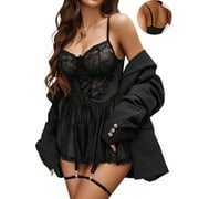 Avidlove Women Lingerie Sexy Lace Mesh Chemise Nighty with Garter Belt Adjustable Spaghetti Strap Negligee Sleepwear