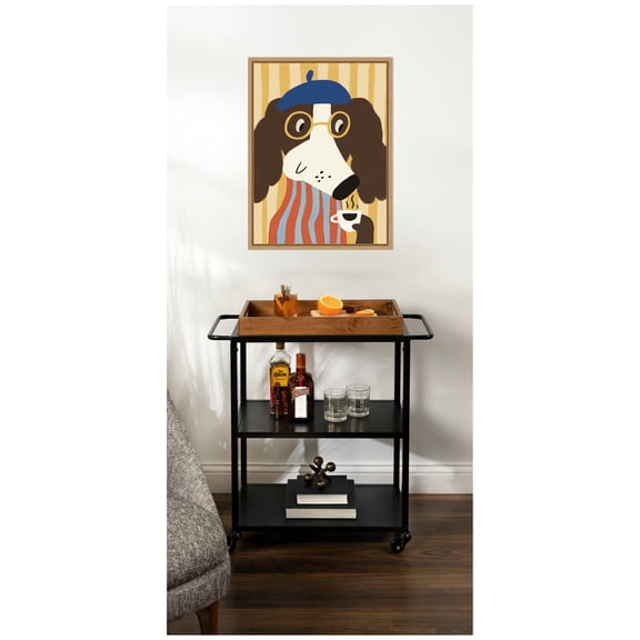 Kate and Laurel Framed Canvas Wall Art Print Dog with Cup of Coffee by Laura Moss, 18 x 24 Sylvie Natural Frame, Whimsical, Kid Art for Wall Decor