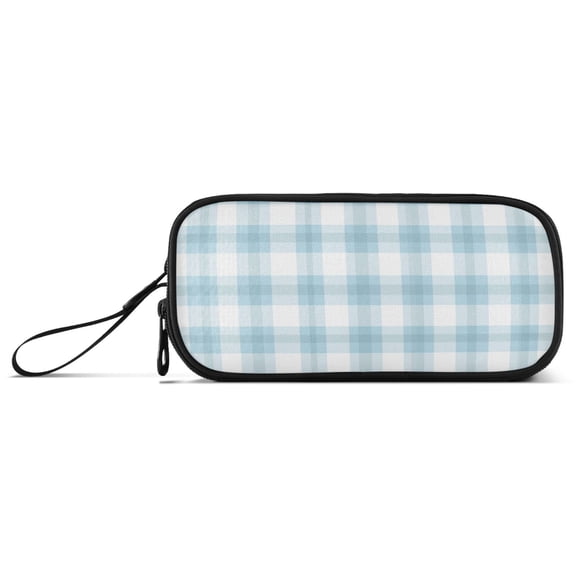 Light Blue Cute Plaids Pattern Pencil Case Stationary Holder Pen Bag Pencil Pouch Tool Organizer 3 Compartments