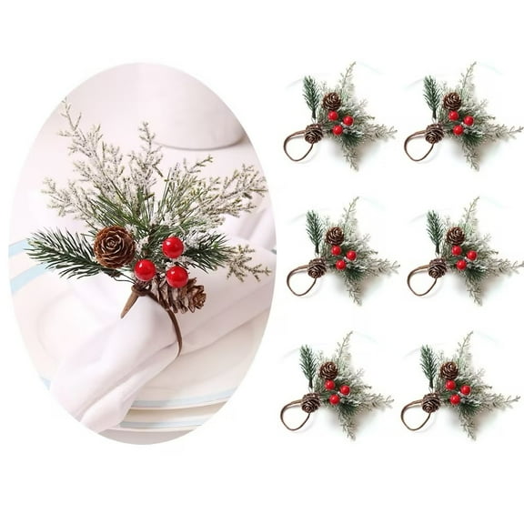 Christmas Collection Napkin Rings - Cloth Napkin Holder For Table Setting, Evergreen Snowy Pinecone Napkin Rings with Berries & Decor to Match Holiday Dinner Dining Table Top - Set of 6