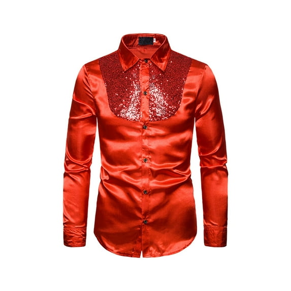 FOCUSNORM Men's Shirt Shiny Sequins Design Silk Like Satin Button Up Disco Party Dress Shirts