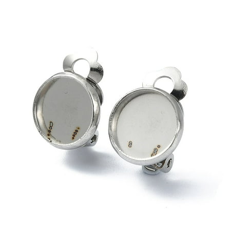 Resistant 304 Stainless Steel Clip-on Earring Findings Flat Round Earring Settings with Loops Stainless Steel color 16.5x12x8.5mm Hole: 3mm Tray: 10mm 304 Stainless Steel