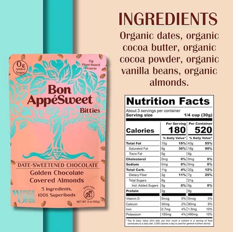 Bon Appesweet Date Sweetened Chocolate Covered Almond Protein Snacks - Golden Chocolate Covered | 3 Ounce (Pack of 3) | Zero Added Sugar, 37% Cacao, Plant Based, Dairy Free, and Guilt Free!