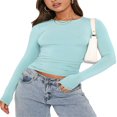 thumbnail image 1 of Women‘s Y2K Slim Crop Tops Solid Color Long Sleeve  Neck T-Shirts Basic Tee Yoga Workout Tops, 1 of 6