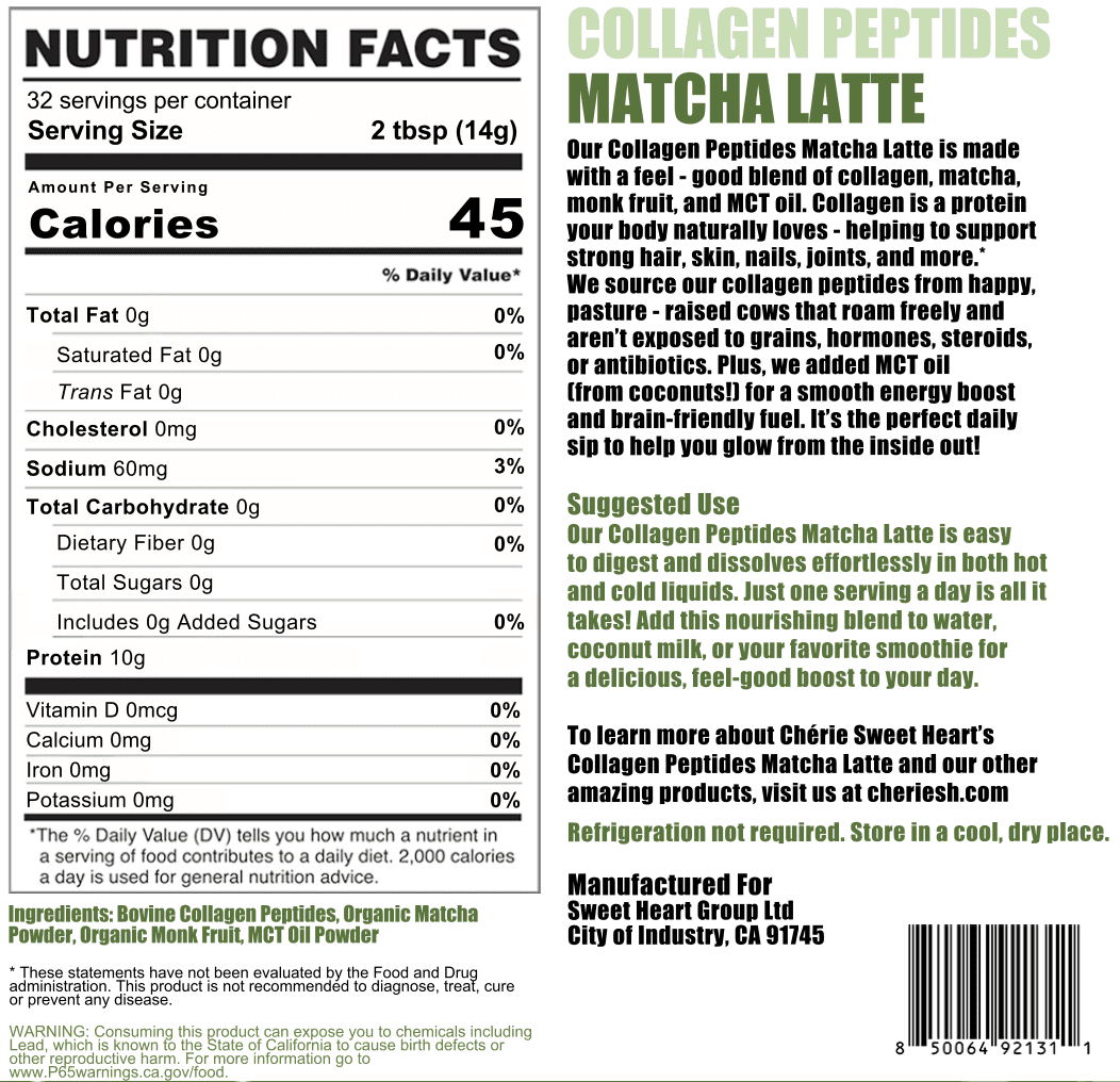 Cherie Sweet Heart Collagen Peptides Hydrolyzed Powder, 10 g, 32 Servings, Matcha Latte