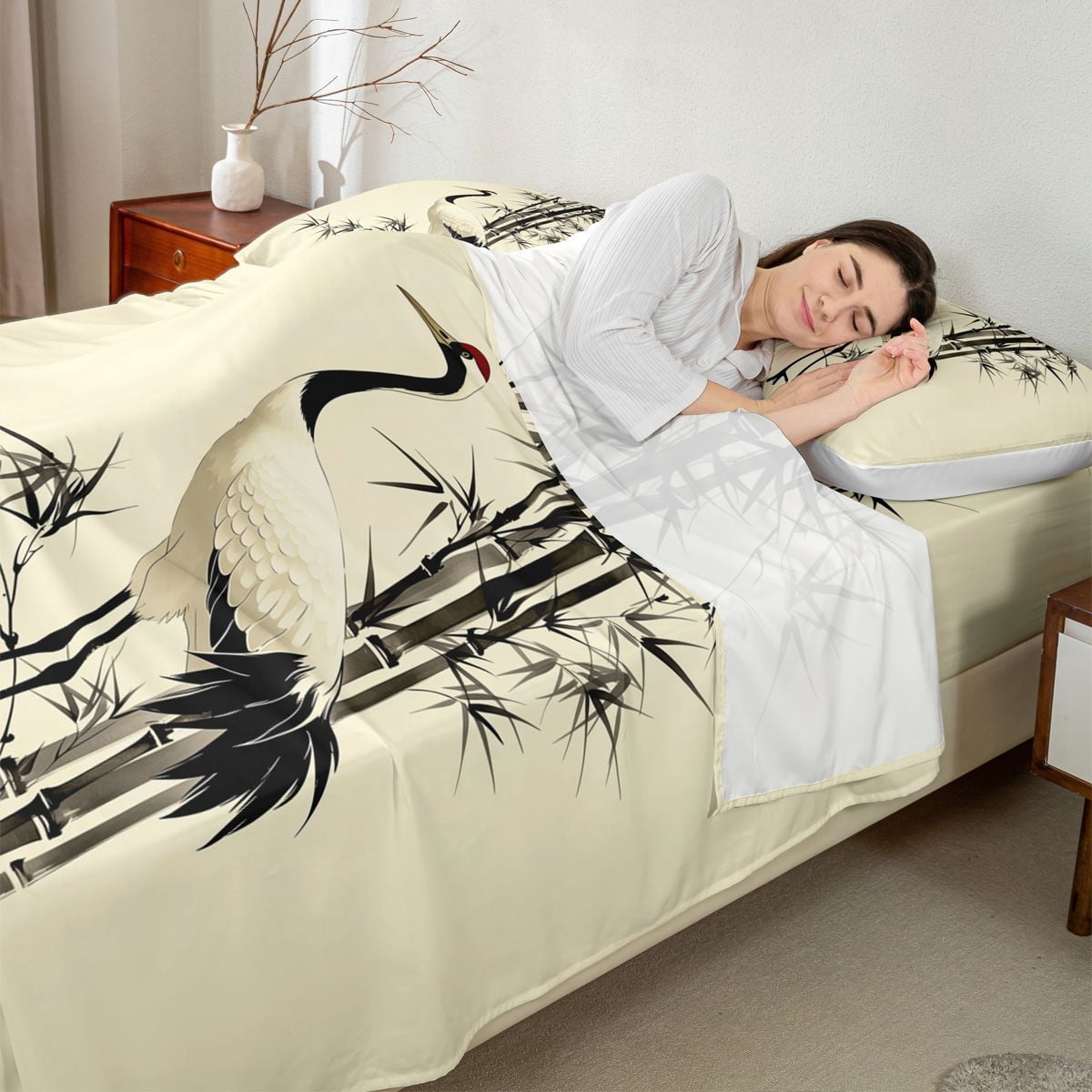 Manfei Ink Crane Queen Sheet Sets for Teens, Bamboo Bed Set, Beige Black White 4pcs, 1 Flat Sheet, 1 Fitted Sheet and 2 Pillowcases