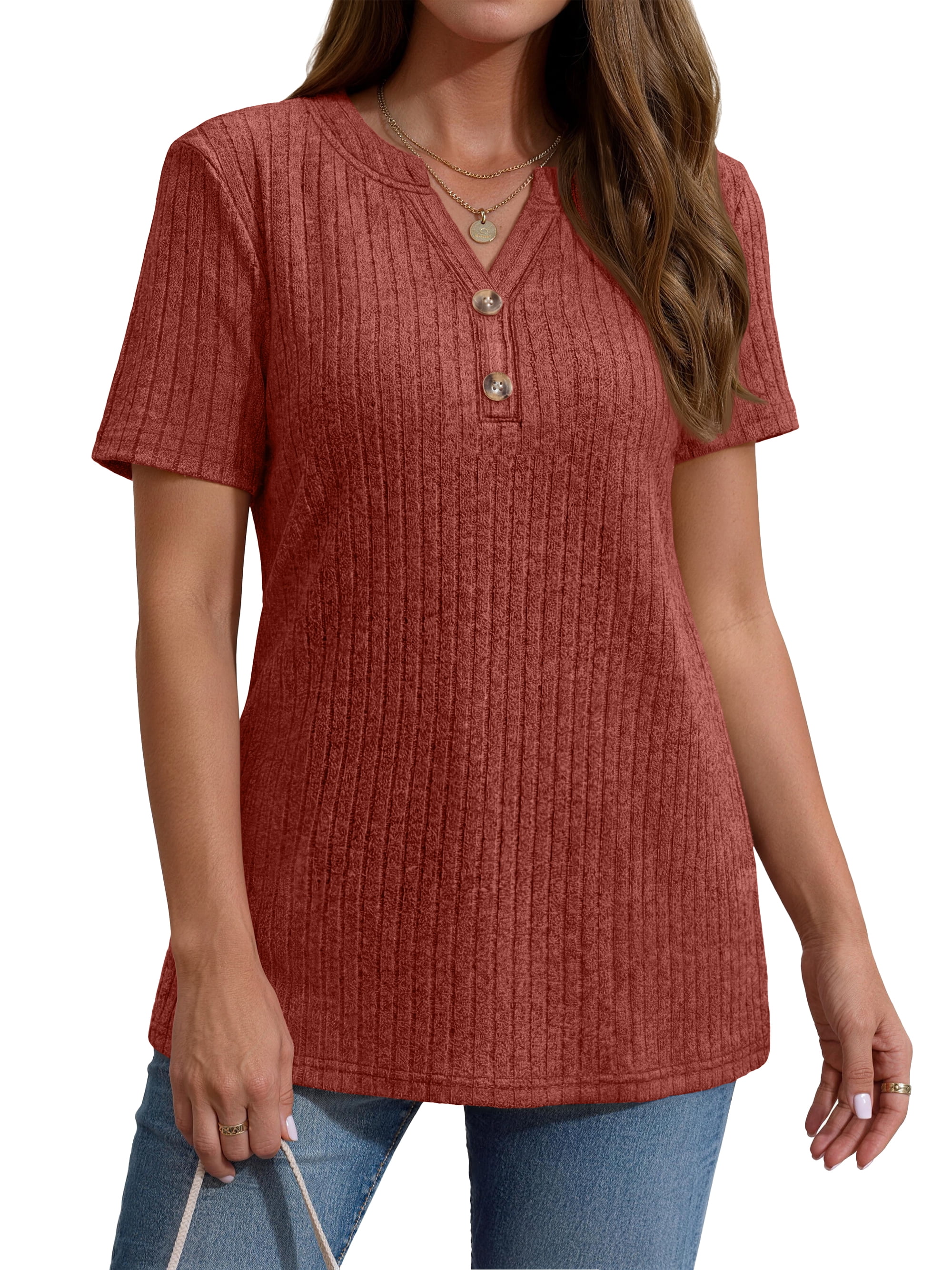 Fantaslook V Neck Tops for Women Short Sleeve Henry Shirts with Button Dressy Casual Summer Blouses Tops
