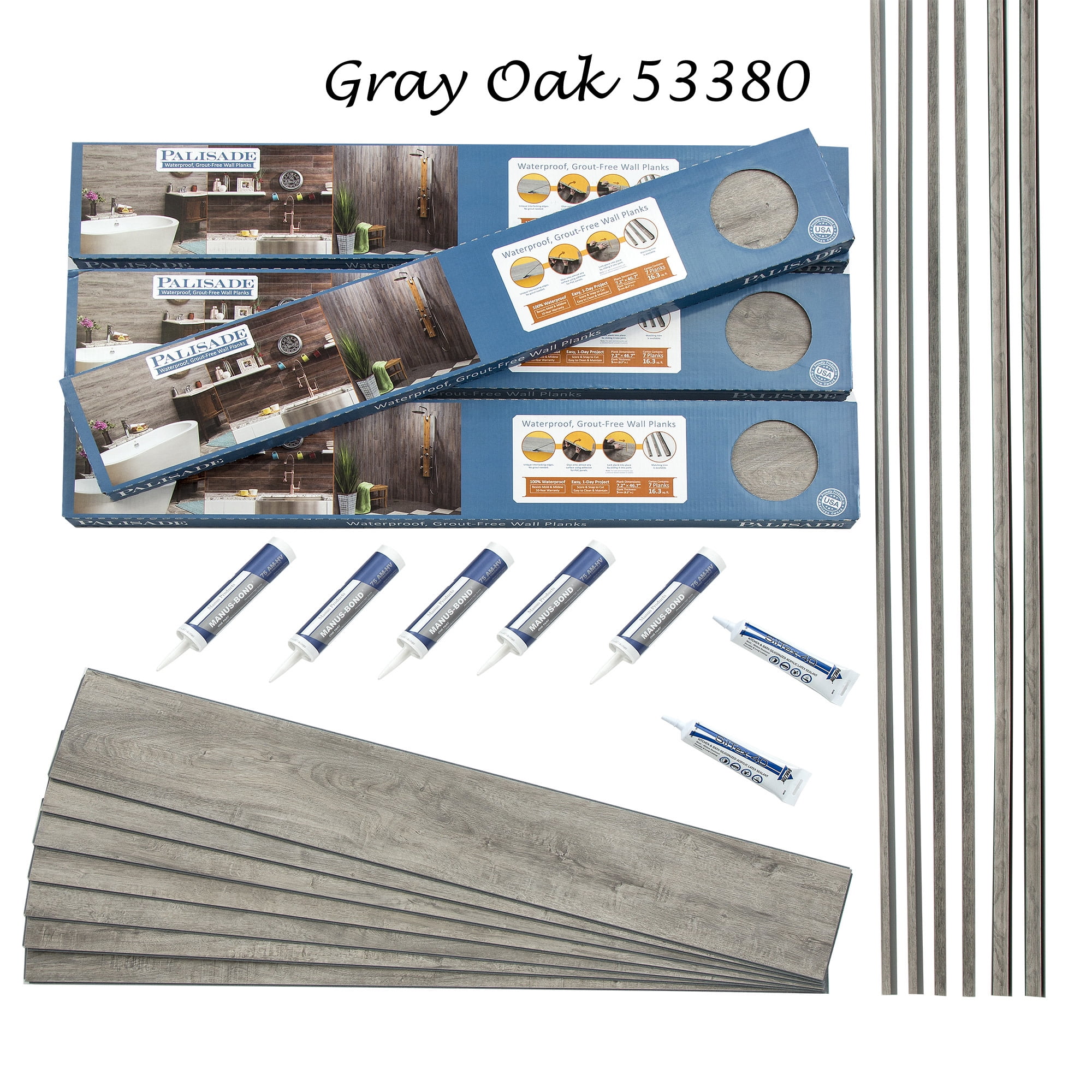 Palisade 46.7in x 7.2in Vinyl Plank Shower Kit in Gray Oak