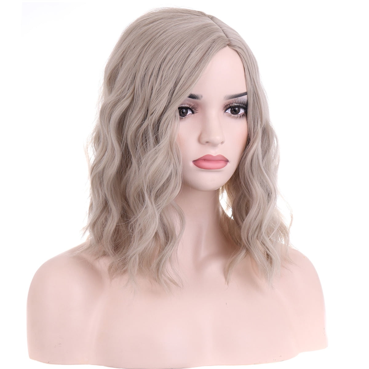RightOn 14" Ash Blonde Wig Short Curly Wig Blonde Bob Wig Charming Women Beach Wave Wigs Ash Blonde Wig for Cosplay Party with Wig Cap