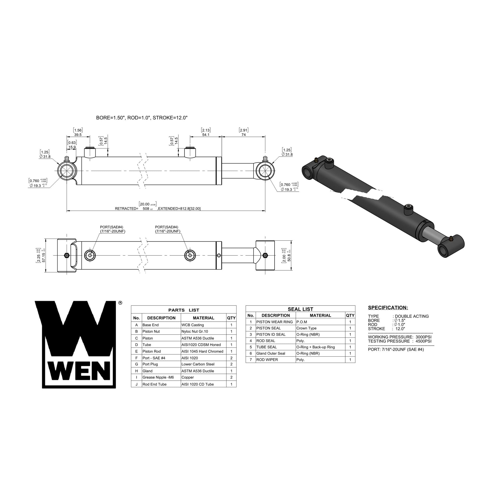 WEN Cross Tube Hydraulic Cylinder with 1.5-inch Bore and 12-inch Stroke (WT-1512)