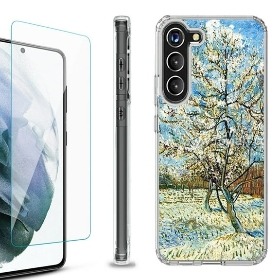 OneToughShield ® for Samsung Galaxy S23  S23 Plus 5G Shockproof Bumper Phone Case, with Tempered Glass Screen Protector - Peach Tree Blossom