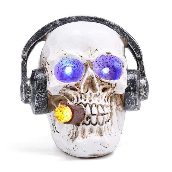 Halloween LED Light Up Skull Decorations, Cigar Headphones Resin Figurine Spooky Tabletop Home Decor