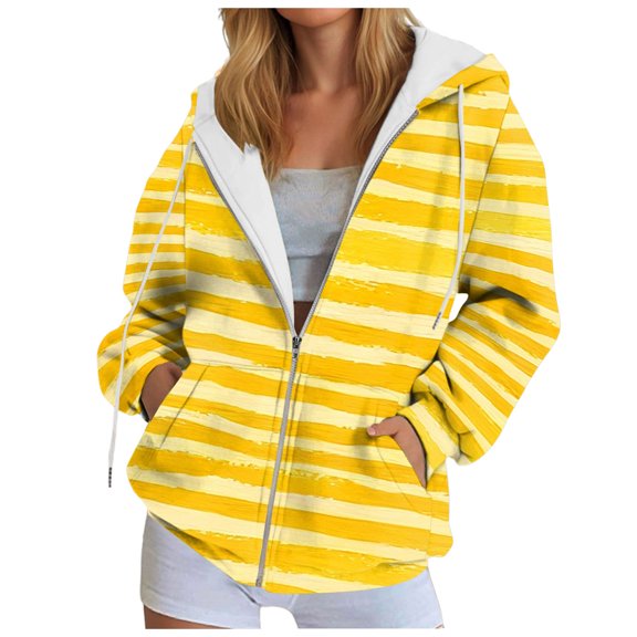larppty Women's Striped Full Zip Hoodies Oversized Sweatshirts Long Sleeve Trendy Fall Fashion Hoodies Jacket Tops with Pocket (Yellow, 5XL)