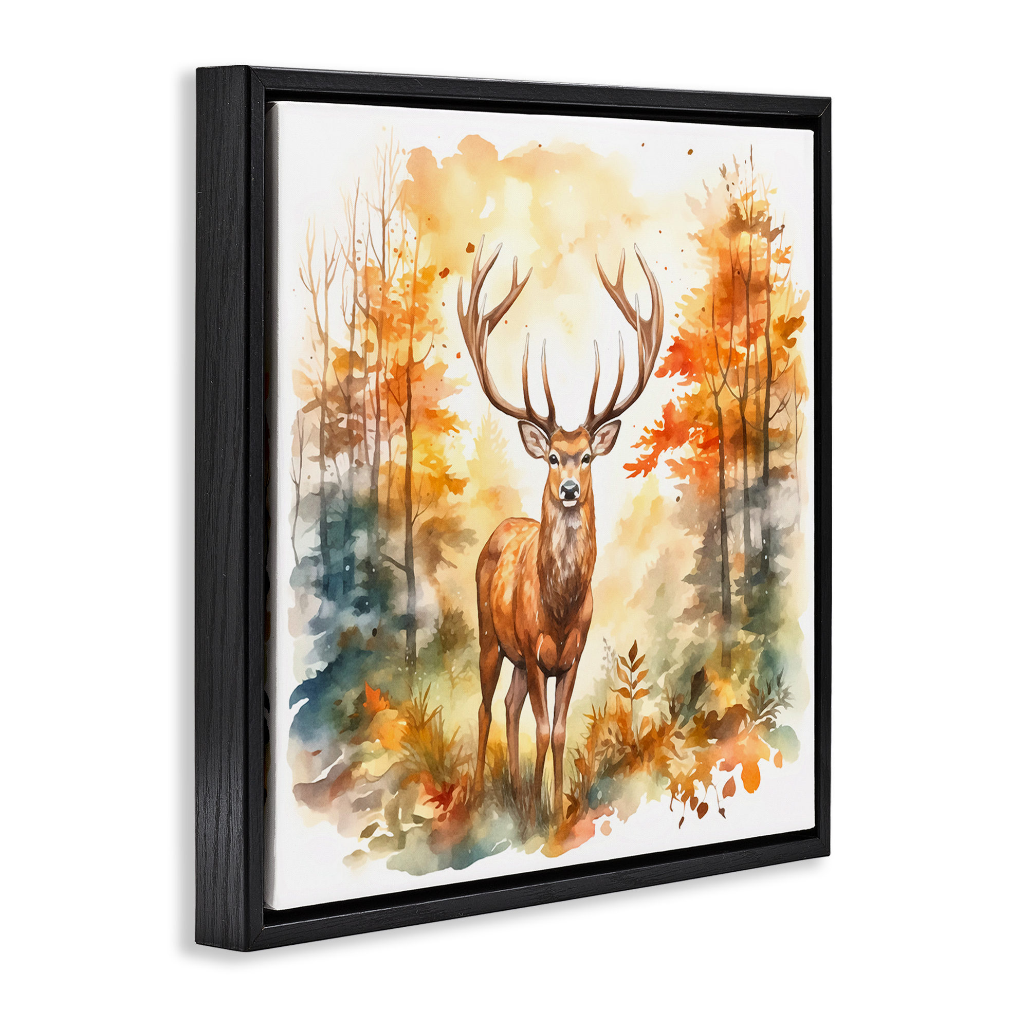 Stupell Industries Autumn Forest Stag Landscape Painting Black Floater Framed Canvas Art Print Wall Art, 25 x 25