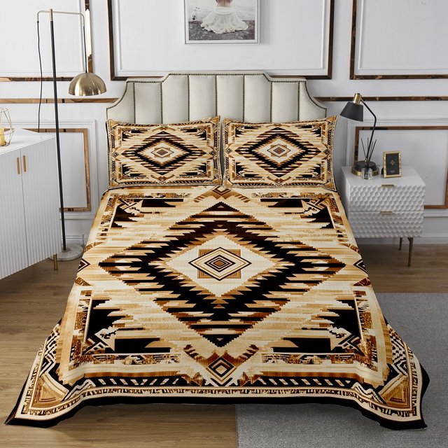 Bohemian Quilt Set Queen Size Boho Aztec Striped Bedspread Western Farmstyle Bed Set Tribe Geometry Print Quilt Set Exotic Southwestern Decor Bedding