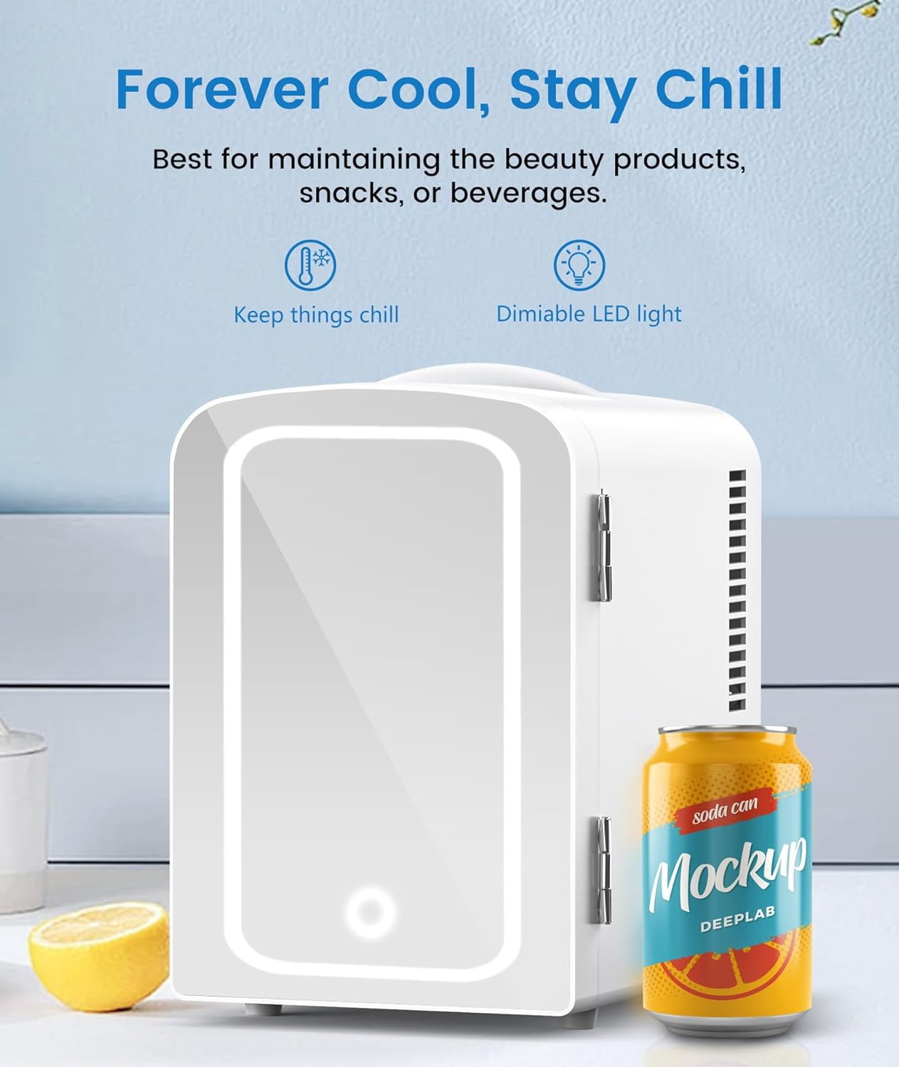 KNDKO Skincare Mini Fridge With Dimmable LED Mirror, 4L Compact Refrigerator for SkinCare, Cosmetics, Food & Drinks, Portable Small Cooler for Bedroom, Dorm, Car, Office, White