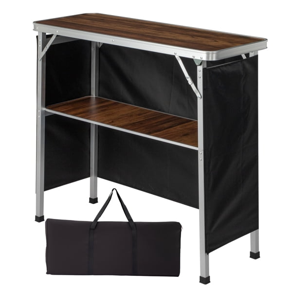 Portable Folding Bar Table with Shelf, Tradeshow Podium Table with Black Skirt and Carrying Bag, for Indoor Outdoor Party Picnic Exhibition, Brown Wood Tone