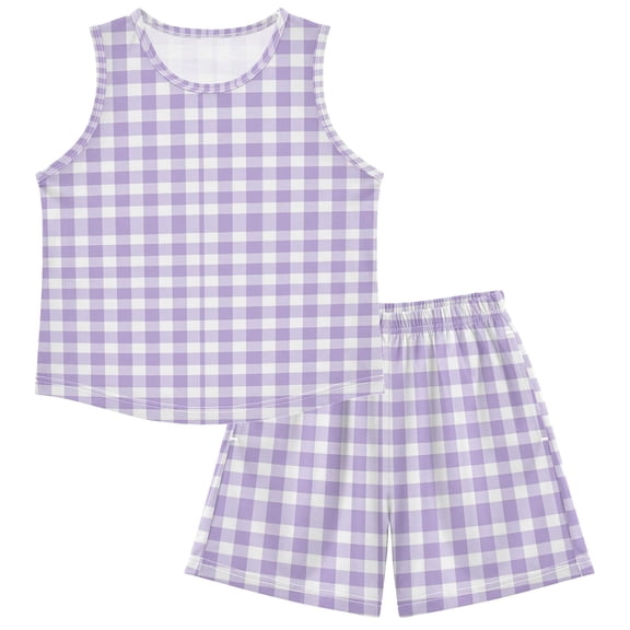 Kids Pajama Sets Breathable Tank Top & Shorts Sleepwear for Girls & Boys Purple and White Plaid 9-10Y