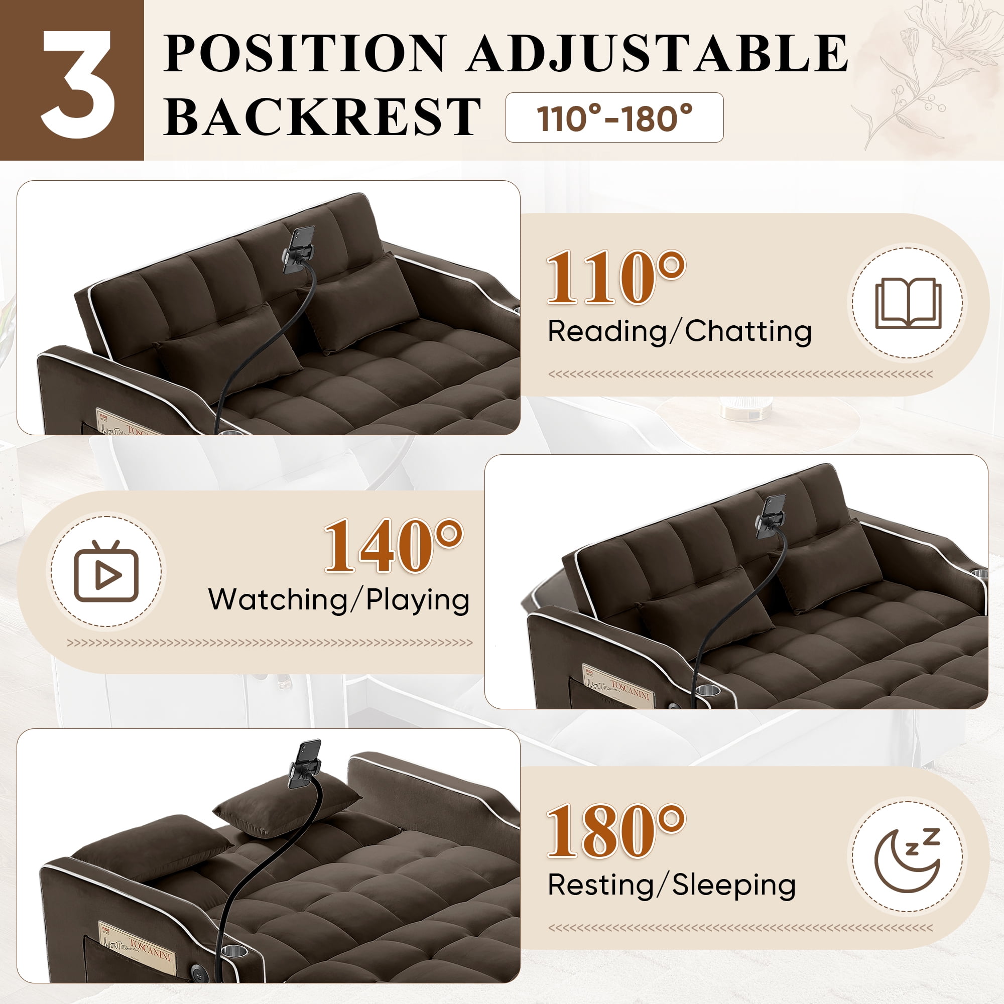 Lunale 4-in-1 Convertible Loveseat Sleeper, 55" Futon Sofa Bed with Phone Stand, USB, Brown Velvet