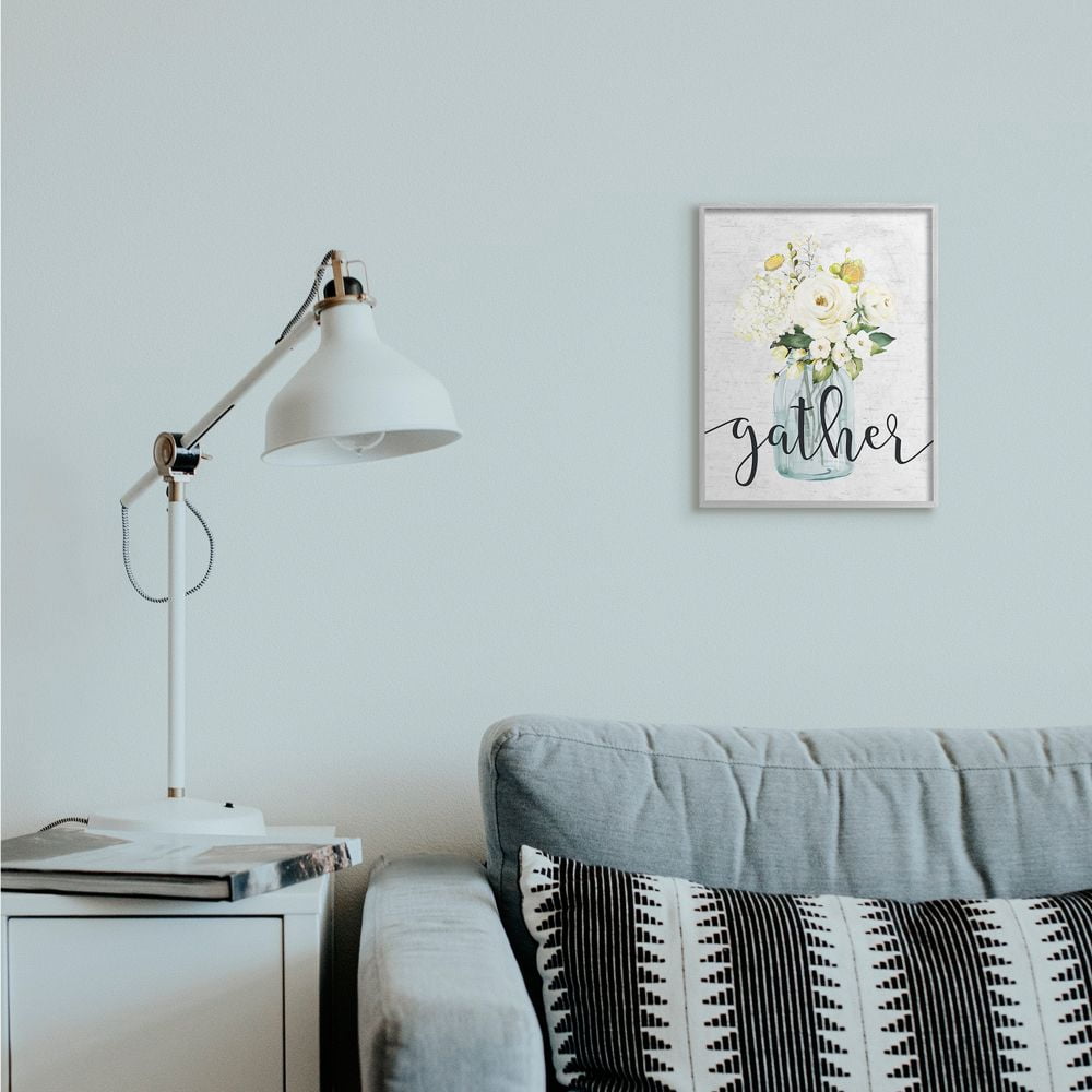 Stupell Industries Gather Phrase White Spring Bouquet Homey Sentiment Framed Wall Art Design by Lettered and Lined, 11" x 14", Gray Framed