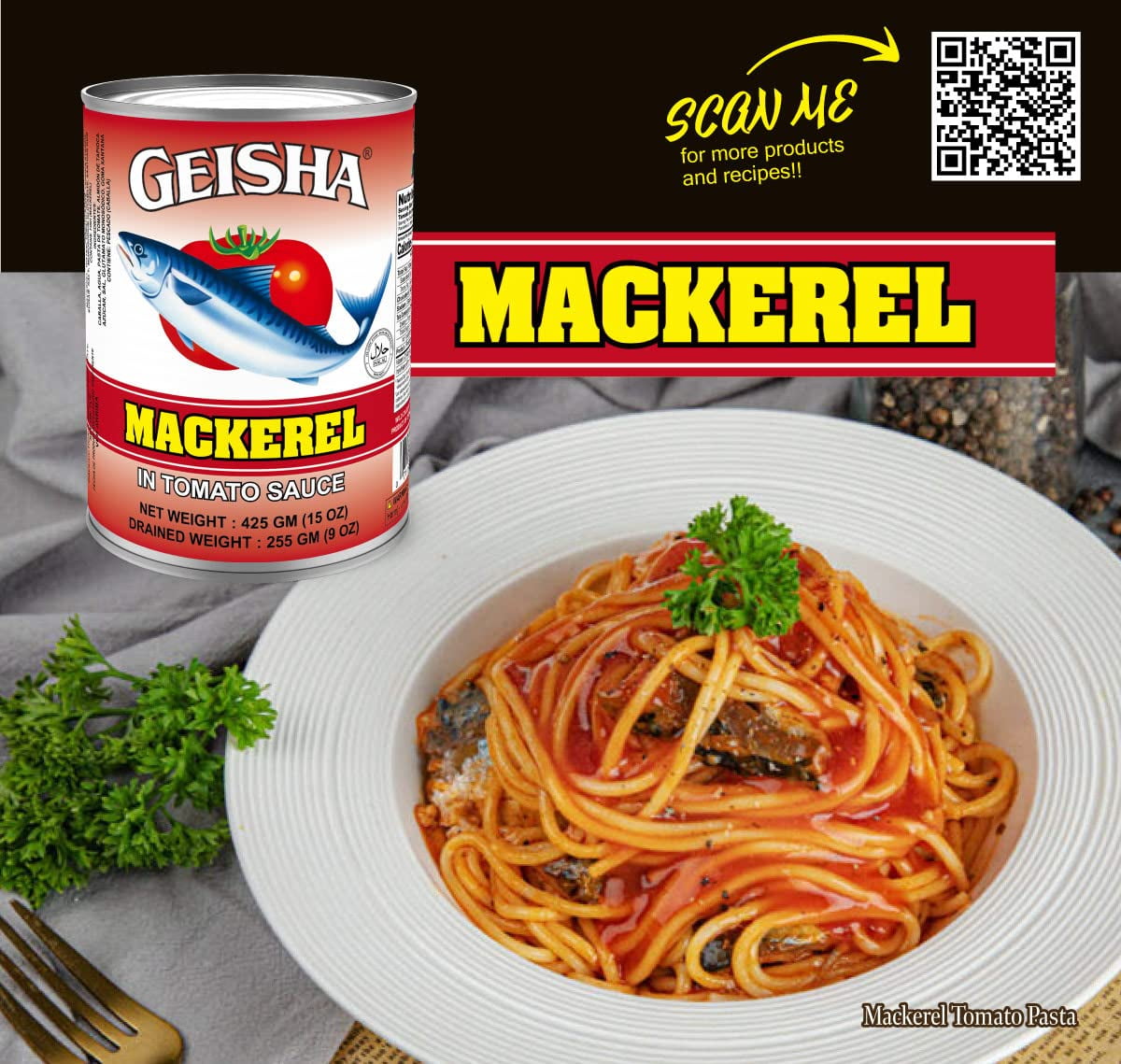 GEISHA Mackerel in Tomato Sauce 15OZ. (Pack of 12), Scomber Japonicus| Halal Certified － Good Source of Protien － Wild Caught －Tomato Sauce
