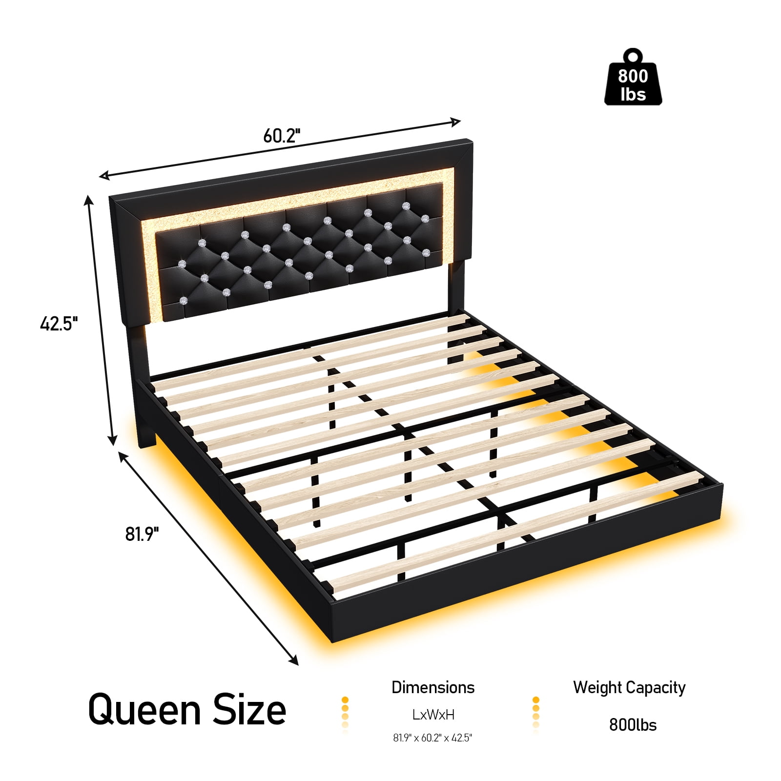 4 EVER WINNER Queen Size Floating Bed Frame with LED Lights, Upholstered Platform Bed Frame with Diamond Tufted Headboard, Black Queen Size Bed Frame, Black
