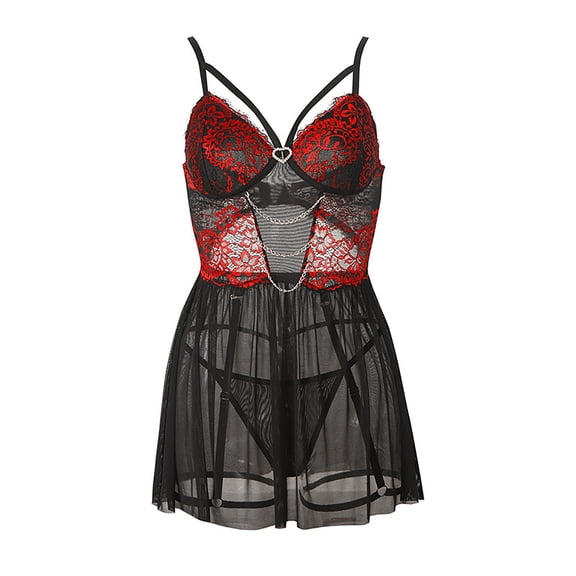 JSGEK Sexy Babydoll Lingerie Set for Women Criss Cross Bustier Top with Pleated Mini Skirt and Garter Strap Intimate Nightwear Red M
