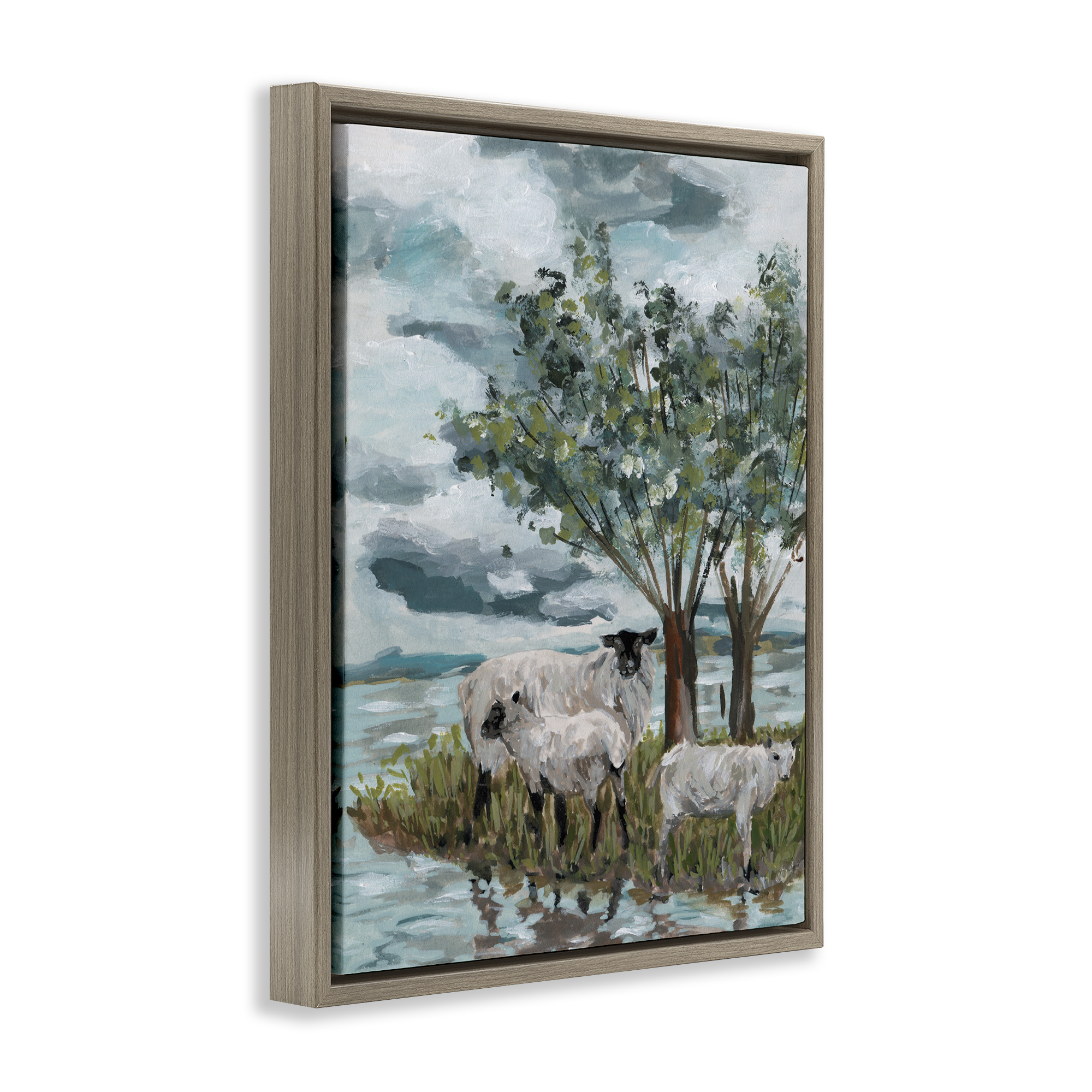 Stupell Industries Traditional Sheep Scene Landscape Painting Brown Floater Framed Canvas Art Print Wall Art, 17 x 21