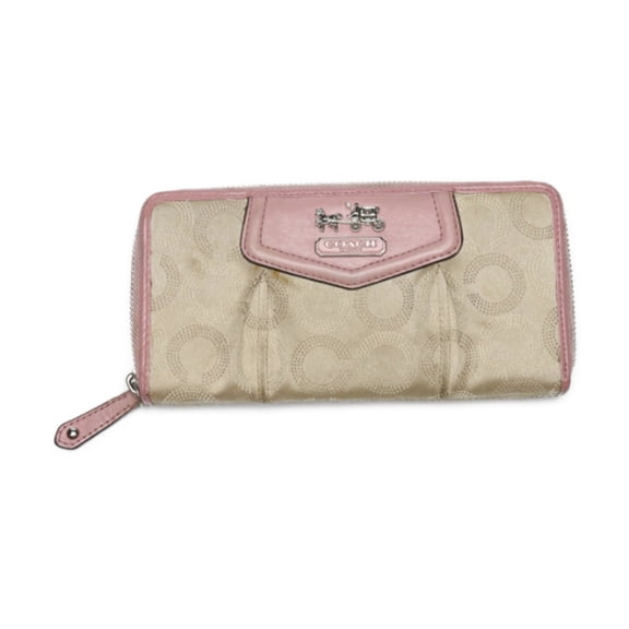 Pre-Owned Coach long wallet, round zipper, canvas, beige and pink (Fair)