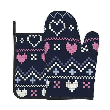 

Vsdgher Pixel Heart Winter Oven Mitts and Pot Holders 2 pcs Set High Heat Resistant Kitchen Oven Glove for Baking and Cooking