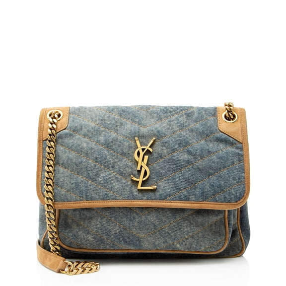 Pre-Owned Saint Laurent Denim Suede Monogram Niki Medium Shoulder Bag