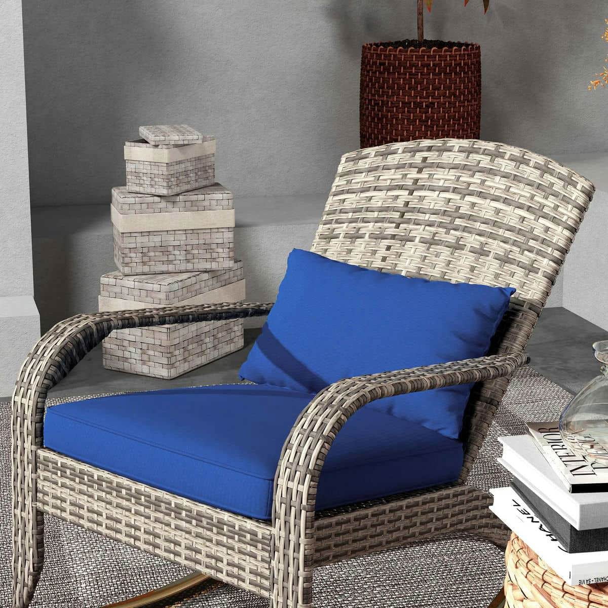 Yardi Yarda Adirondack Chair with High Back and Seat Cushion, Outdoor Wicker Rocking Chair with Pillow, Dark Blue