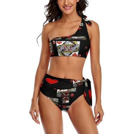 BLACK COLOR CASINO SUITES HEARTS PATTERNS One Shoulder Bowknot Swimsuit Two Piece Swimsuit Knot Crop Top Bikini High Waisted Bathing Suit