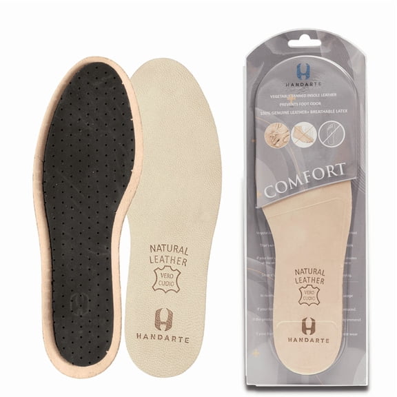HANDARTE Leather Sockless Shoe Insoles | Thin Dress Shoe Inserts for Men | 100% Natural Goatskin - ChromeFree, Anti Sweat & Anti-Odor (US M9.5 | EU43)