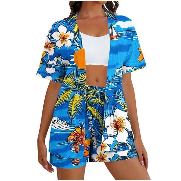 Feancey Beach Shorts Set for Women Breathable Lightweight Vacation Outfits Summer Tropical Floral Shirt and Shorts 2 Piece Lounge Sets with Pockets Blue S