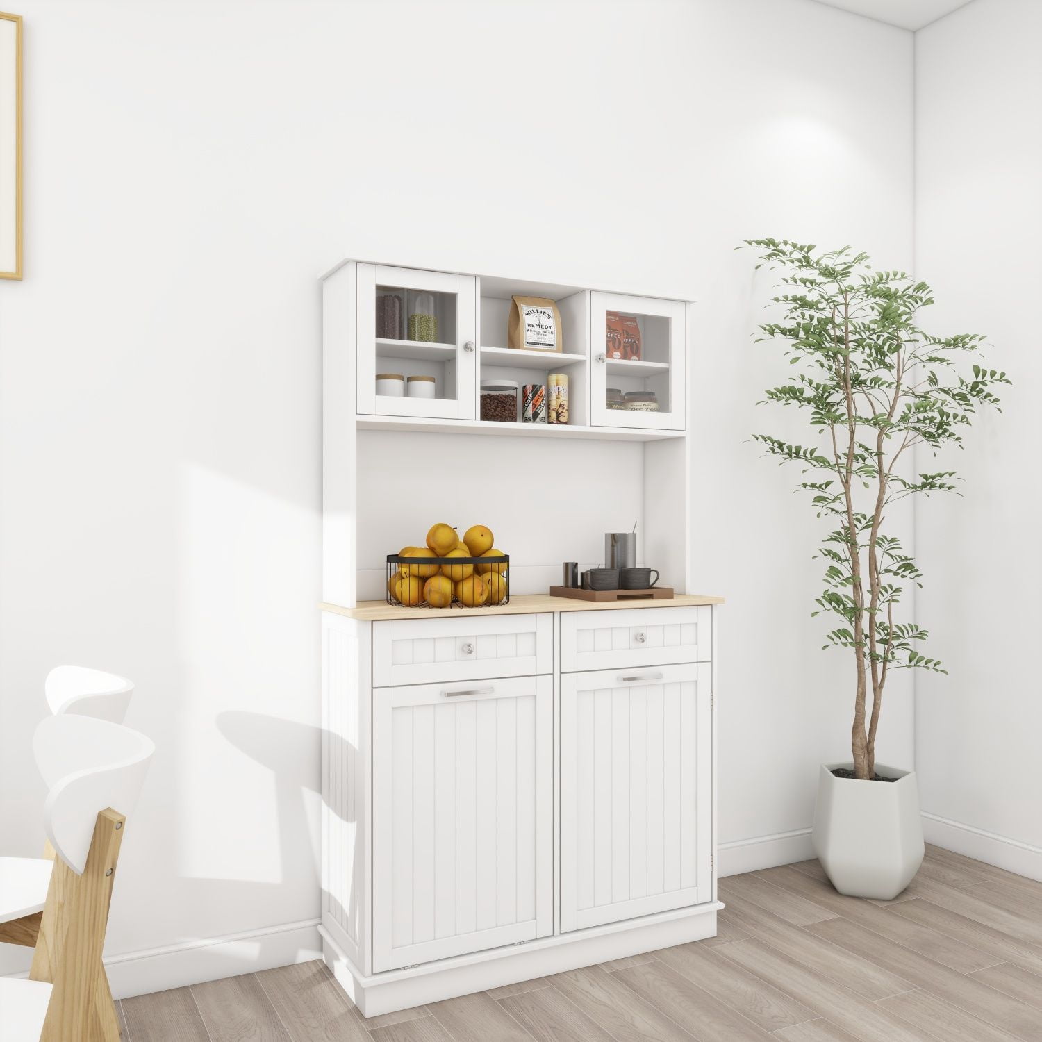 Tall Kitchen Trash Can Storage Cabinet with 3 Adjustable Shelves, 2 Drawers, and Tilt-Out Trash Bin, MDF Pantry Sideboard for Kitchen, Dining Room, Living Room