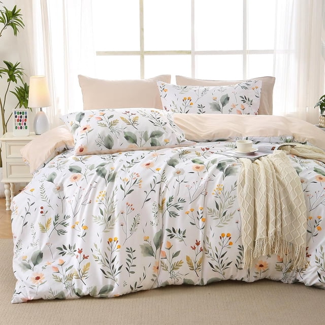 Duvet Cover Queen Size Reversible Floral Duvet Cover Set with Zipper Closure Pieces Botanical Patterns Soft Microfiber Bedding Set (&#;x Pillow Cases &#;×&#