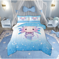 Manfei 3D Kawaii Axolotl Queen Comforter Set for Kids, Dreamy Blue Stars Print Bedding Sets, Dreamy Animal Reversible Bedding Comforter Set, Microfiber Bedroom Decor, 3pcs