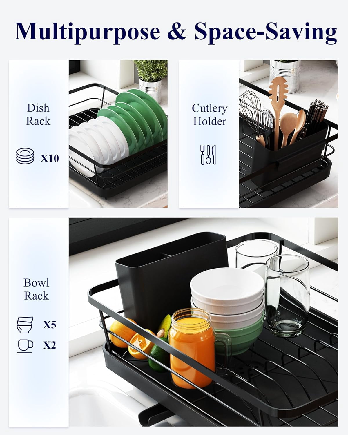 Kitsure Dish Drying Rack for Kitchen Counter, Stainless Steel Sink Organization and Storage Essentials with Cutlery Holder, Home and Appartment Decor, 12''W x 15.5''L, Red