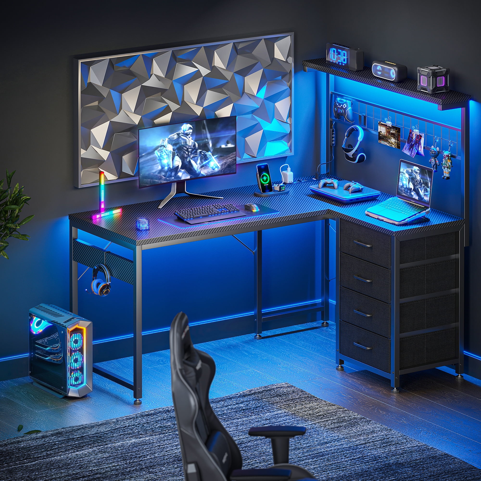 Casacomoda 43 inch L Shaped Desk with 4 Storage Drawers, Reversible L Shaped Gaming Desk with Power Outlets & LED Lights, Computer Desk with Movable CPU Stand & Hutch for Home Office, Black
